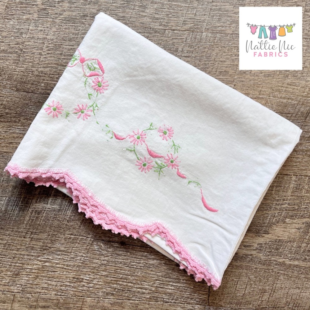 Vintage Pillowcase with pink embroidery and pink crochet trim‎